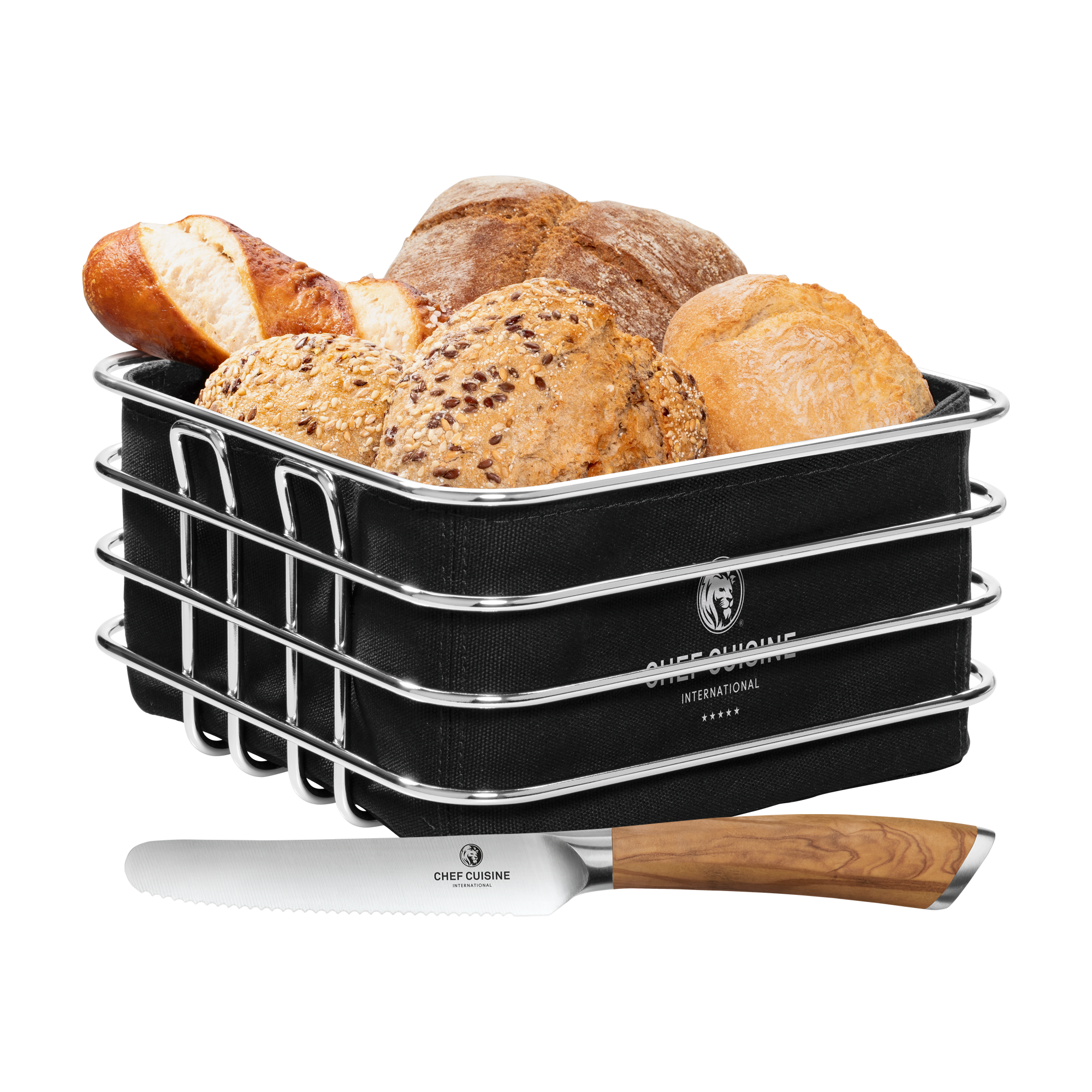 CHEF CUISINE Brotkorb-Set mit Frühstücksmesser Olivenholz – Bild 1