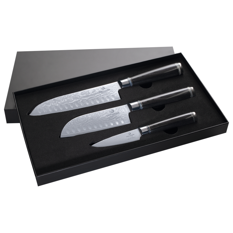 CHEF CUISINE Damastmesser Set 3-tlg., Santoku | Schäl- und Garniermesser