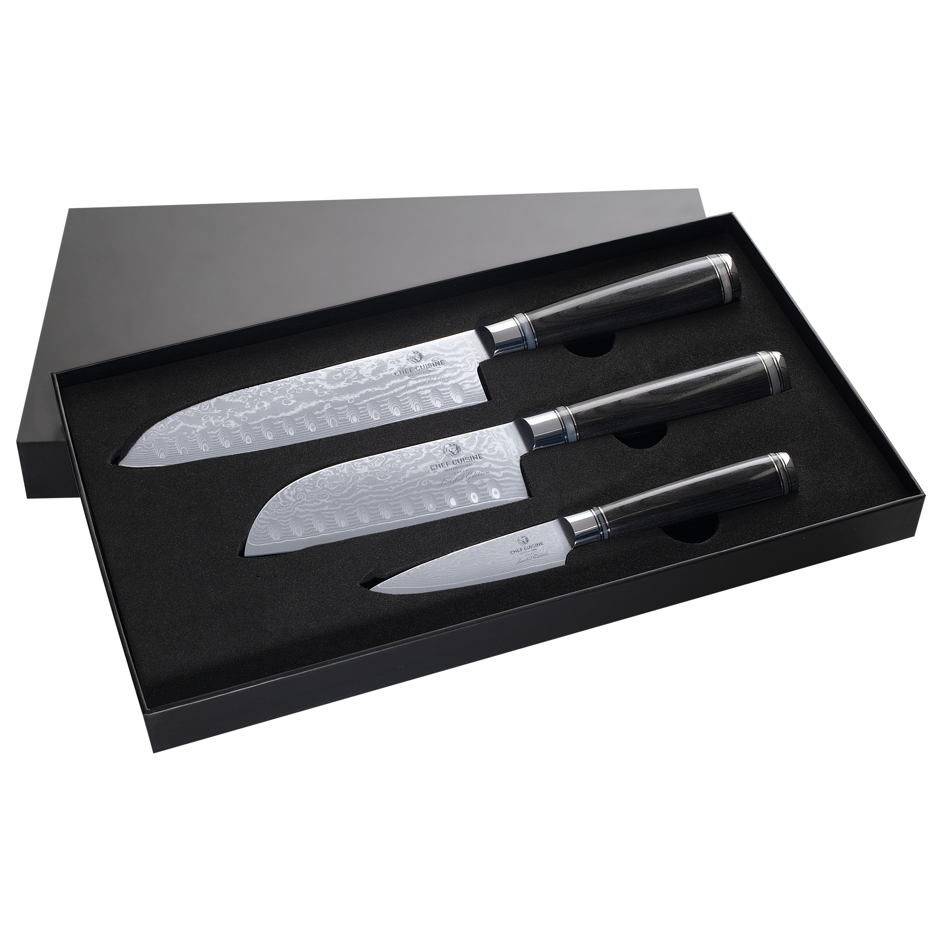 CHEF CUISINE Damastmesser Set 3-tlg., Santoku | Schäl- und Garniermesser – Bild 1