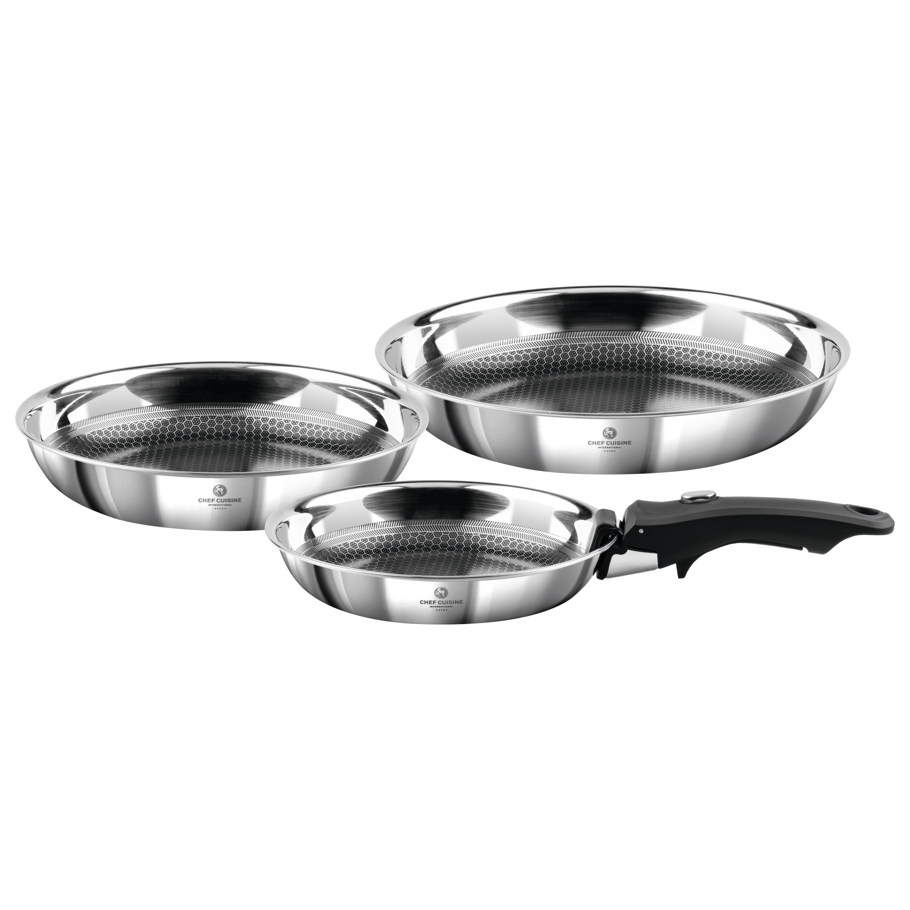 CHEF CUISINE Pfannen Set 3-tlg. mit Honeycomb-Keramikbeschichtung und abnehmbarem Griff – Bild 1